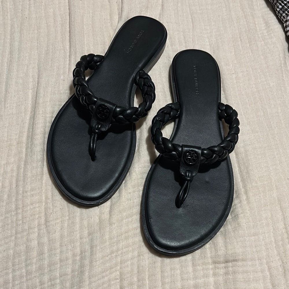 Black Braided Leather Thong Sandals - Women